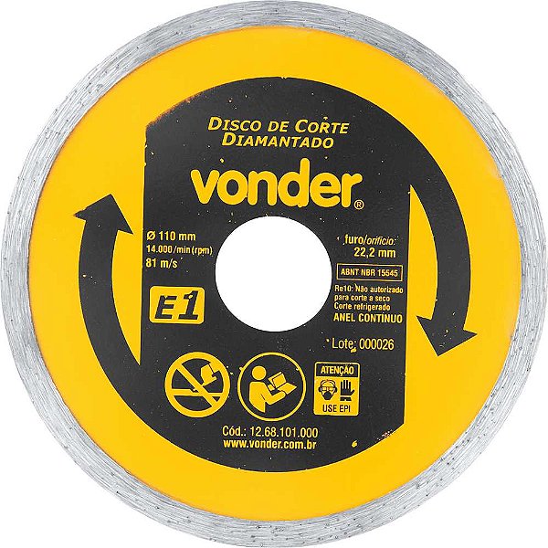 Disco de corte diamantado 110mm furo de 22,2mm anel contínuo E1 VONDER