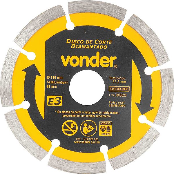 Disco de corte diamantado 110mm furo de 22,2mm segmentado E3 VONDER