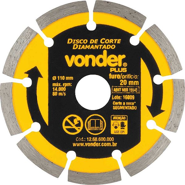 Disco de corte diamantado 110mm segmentado VONDER PLUS