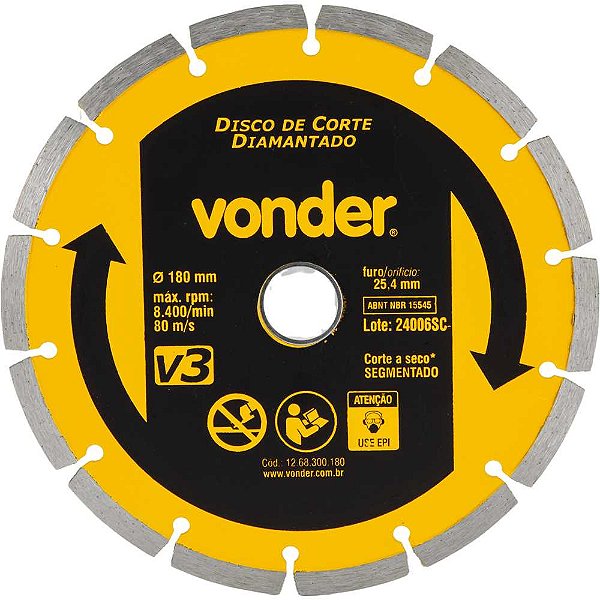 Disco de corte diamantado 180mm segmentado V3 VONDER