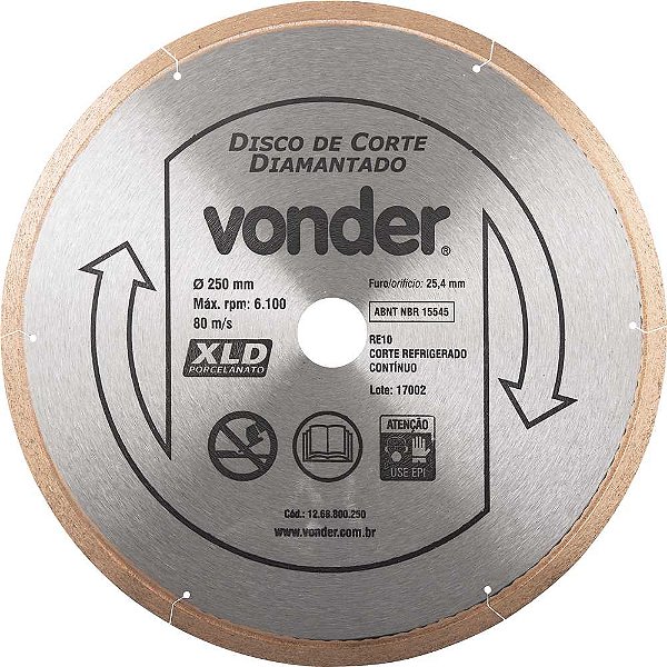 Disco de corte diamantado 250mm contínuo para porcelanato XLD VONDER