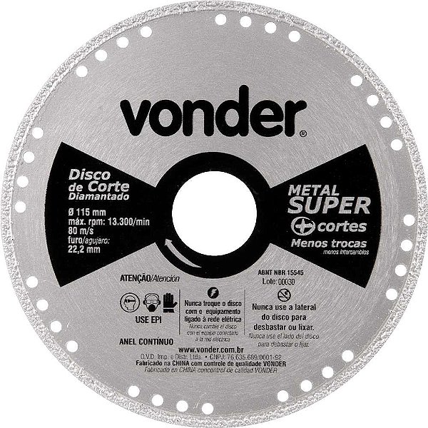 Disco de corte diamantado contínuo para metais metal super 115mm VONDER