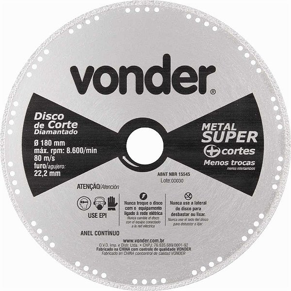 Disco de corte diamantado contínuo para metais metal super 180mm VONDER