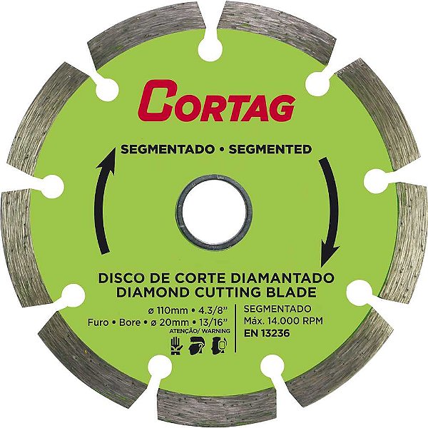 Disco de corte diamantado segmentado 110mm Furo 20mm CORTAG