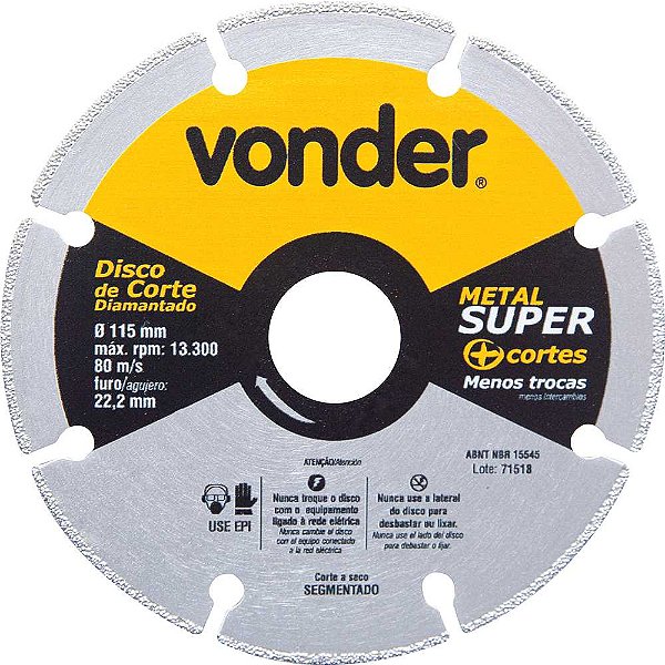 Disco de corte diamantado segmentado para metais metal super 115mm VONDER