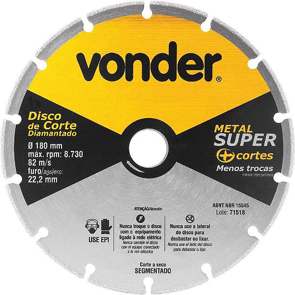 Disco de corte diamantado segmentado para metais metal super 180mm VONDER