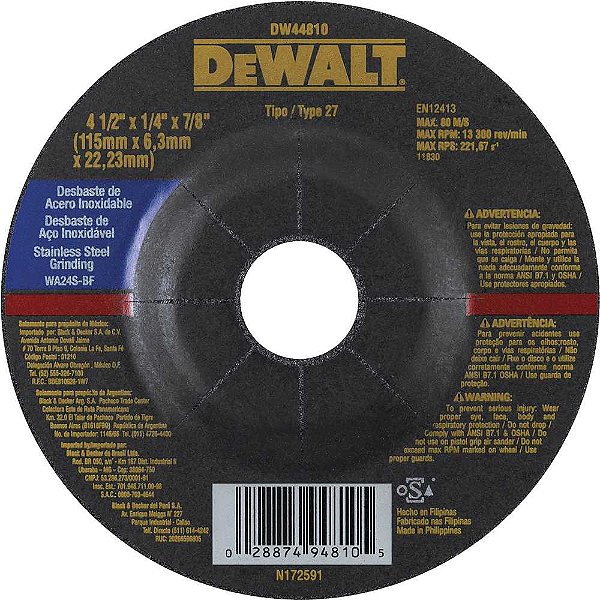 Disco de desbaste 115mm x 6,3mm 22,23mm para inox DW44810 DEWALT