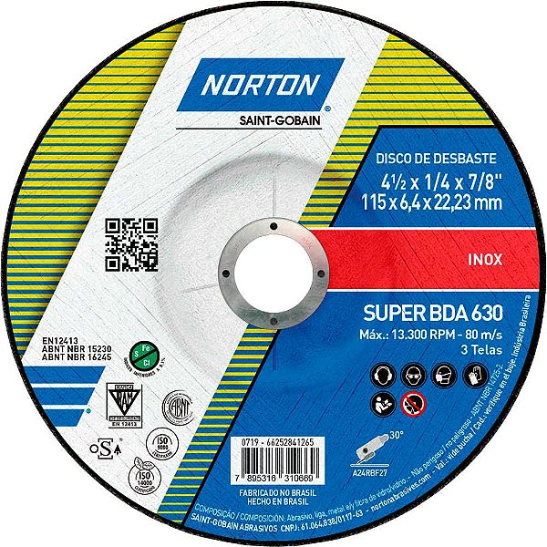 Disco de desbaste 115mm x 6,4mm x 22,23mm BDA 630 CLEAN para inox NORTON