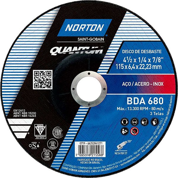 Disco de desbaste 115mm x 6,4mm x 22,23mm para aço e inox Quantum BDA 680 NORTON