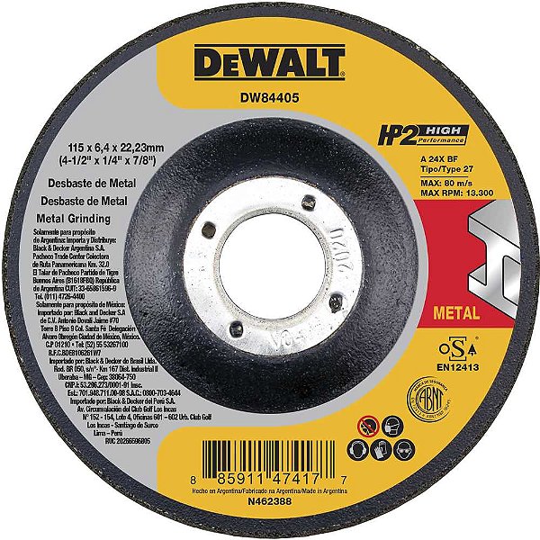 Disco de desbaste 115,0mm x 6,4mm x 22,23mm HP2 High Performance DW84405 DEWALT