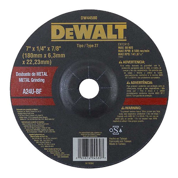 Disco de desbaste 180,0mm x 6,3mm x 22,23mm DW44580 DEWALT