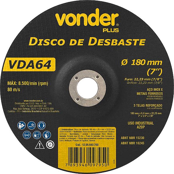 Disco de desbaste 180,0mm x 6,4mm x 22,23mm VDA 64 VONDER PLUS