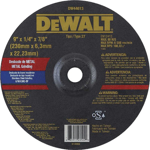 Disco de desbaste 230mm x 6,3mm x 22,23mm para inox DW44613 DEWALT
