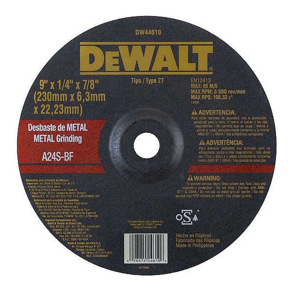Disco de desbaste 230,0mm x 6,3mm x 22,23mm DW44610 DEWALT