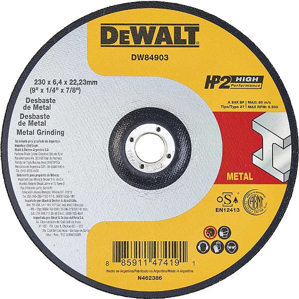 Disco desbaste 230,0mm X 6,4mm X 22,23mm 9" HP2 Higt performance DW84903 DEWALT