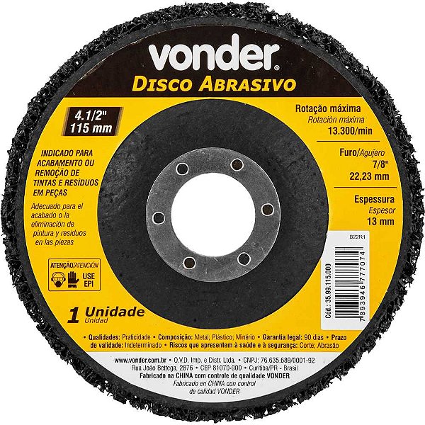 Disco abrasivo 4.1/2" furo de 7/8" (22,23 mm) VONDER