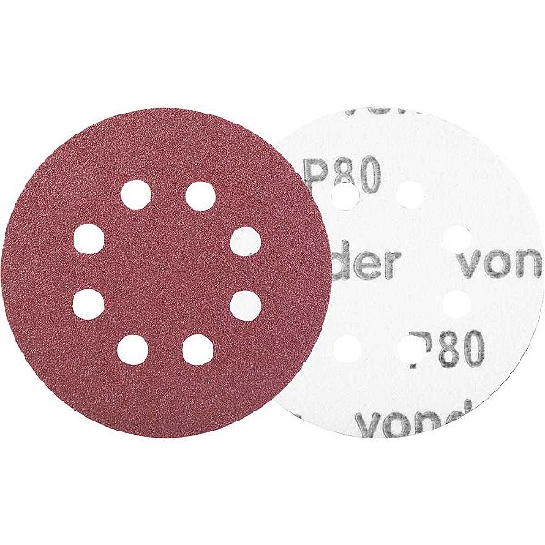 Disco de lixa com costado em pluma 125mm grão 80 com 8 furos embalagem com 10 peças VONDER