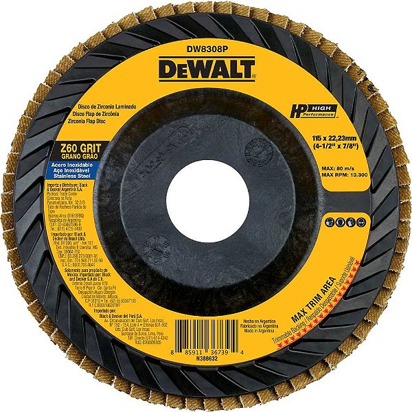 Flap-disc disco de desbaste/acabamento 4.1/2" - 115mm grão 60 zircônia base plástica reta DEWALT