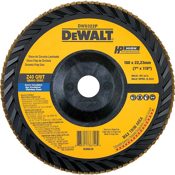 Flap-disc disco de desbaste/acabamento 7" - 180mm grão 40 zircônia base plástica reta DEWALT