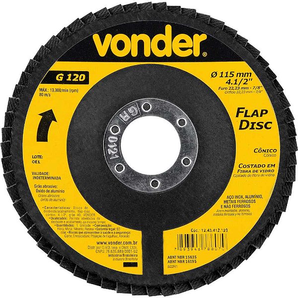 Flap-disc disco de desbaste/acabamento 4.1/2" - 115mm cônico grão 120 VONDER
