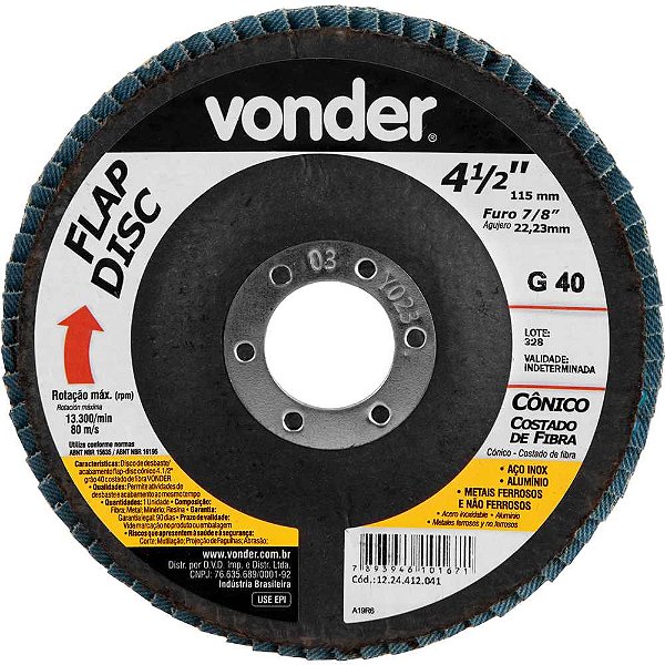Flap-disc disco de desbaste/acabamento 4.1/2" - 115mm cônico grão 40 embalagem com 10 peças VONDER