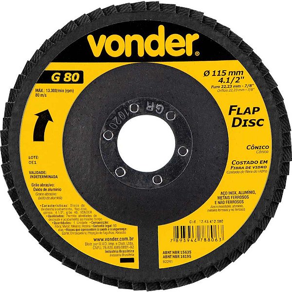 Flap-disc disco de desbaste/acabamento 4.1/2" - 115mm cônico grão 80 VONDER