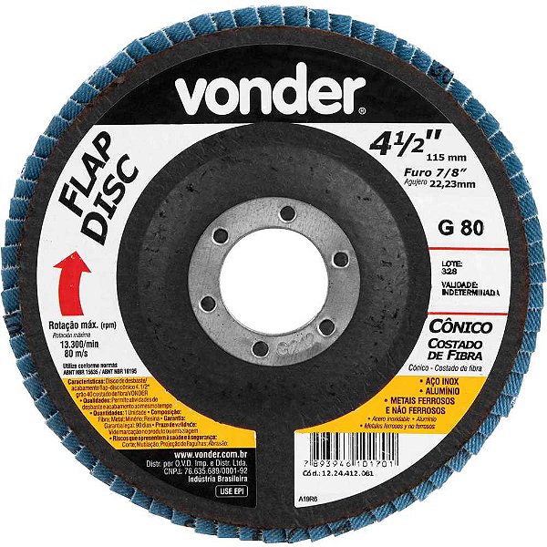 Flap-disc disco de desbaste/acabamento 4.1/2" - 115mm cônico grão 80 embalagem com 10 peças VONDER