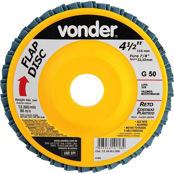 Flap-disc disco de desbaste/acabamento 4.1/2" - 115mm grão 50 embalagem com 10 peças VONDER