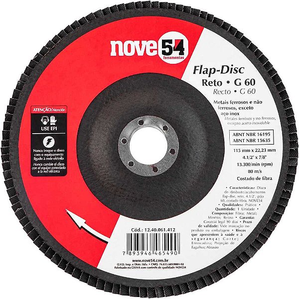 Flap-disc disco de desbaste/acabamento 4.1/2" - 115mm reto grão 60 NOVE54