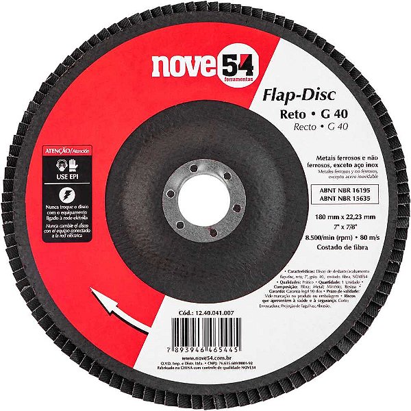 Flap-disc disco de desbaste/acabamento 7" - 180mm reto grão 40 NOVE54