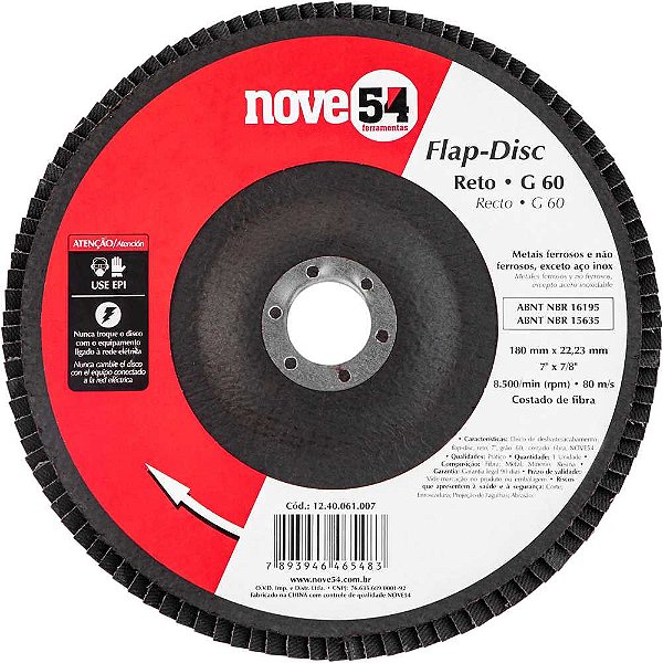 Flap-disc disco de desbaste/acabamento 7" - 180mm reto grão 60 NOVE54
