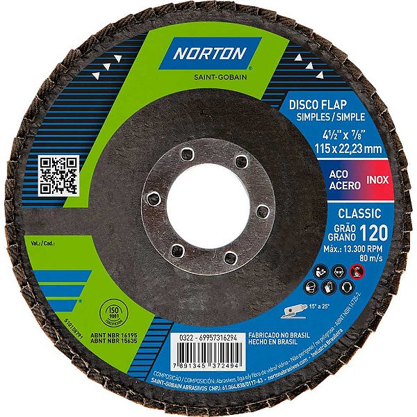 Flap-disc disco de desbaste/acabamento 4.1/2" - 115mm cônico classic grão 120 NORTON