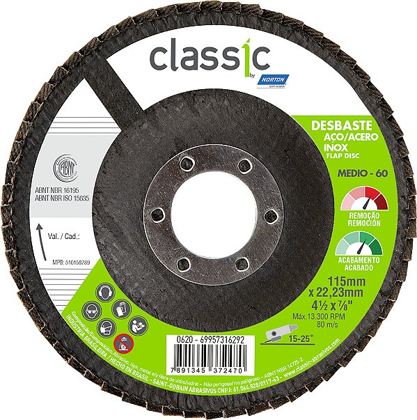Flap-disc disco de desbaste/acabamento 4.1/2" - 115mm cônico classic grão 60 NORTON