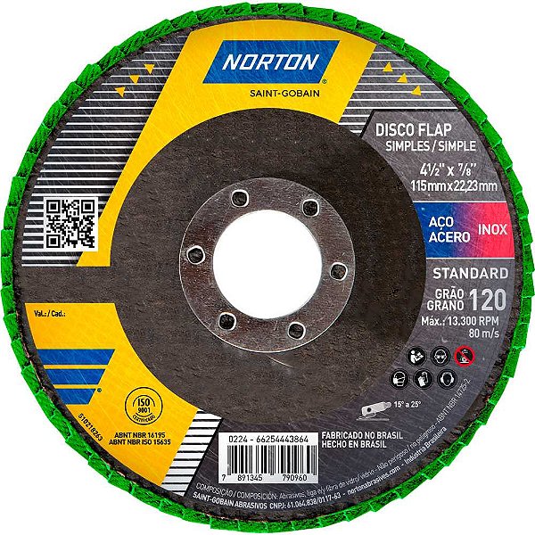 Flap-disc disco de desbaste/acabamento 4.1/2" - 115mm grão 120 R244 Standard 66254443864 NORTON