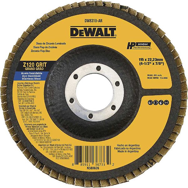 Flap-disc disco de desbaste/acabamento 4.1/2" - 115mm grão 120 zircônia base de fibra cônica DEWALT