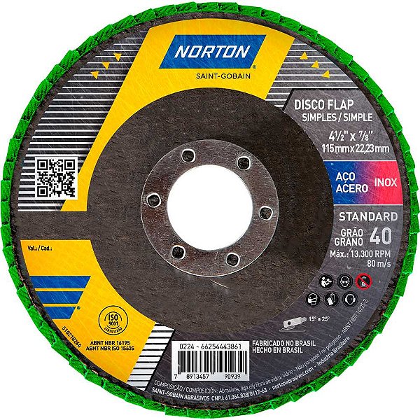 Flap-disc disco de desbaste/acabamento 4.1/2" - 115mm grão 40 R244 Standard 66254443861 NORTON