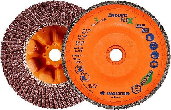 Flap-disc disco de desbaste/acabamento 4.1/2" (115 mm) x 7/8" grão 60 suporte ECO-TRIM Enduro-flex 15-R-456 WALTER