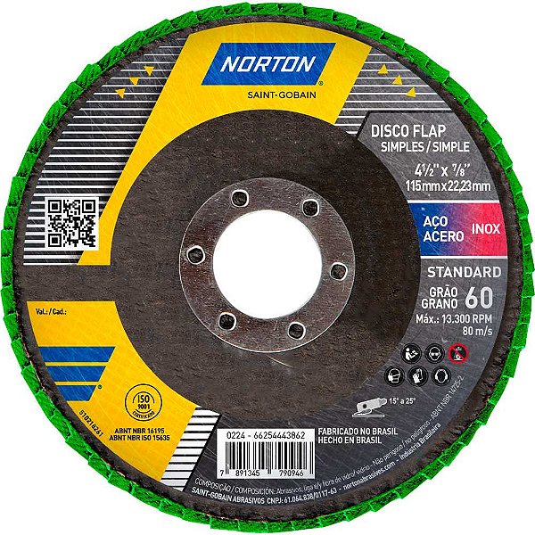 Flap-disc disco de desbaste/acabamento 4.1/2" - 115mm grão 60 R244 Standard 66254443862 NORTON