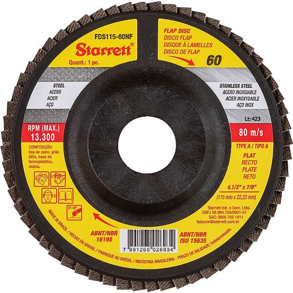 Flap-disc disco de desbaste/acabamento 4.1/2" - 115mm reto tipo Ag 60 FDS115-60NF STARRETT