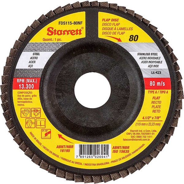 Flap-disc disco de desbaste/acabamento 4.1/2" - 115mm reto tipo Ag 80 FDS115-80NF STARRETT