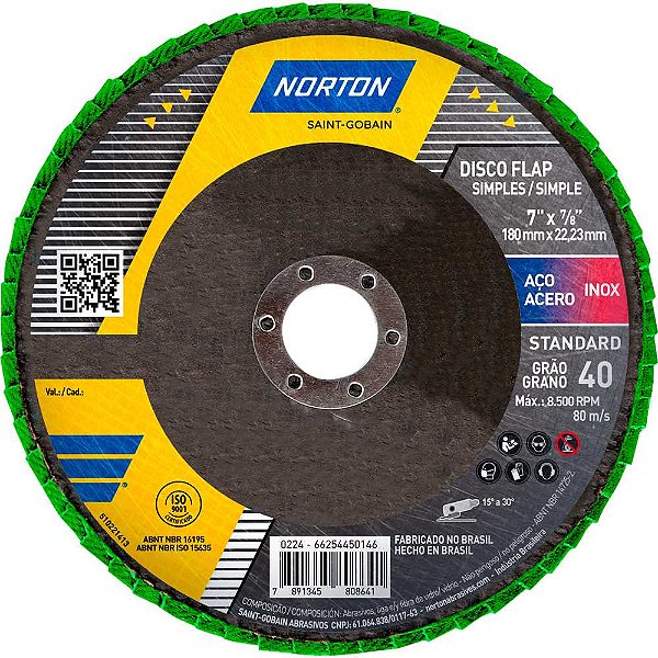 Flap-disc disco de desbaste/acabamento 7" - 180mm grão 40 R244 Standard 66254450146 NORTON