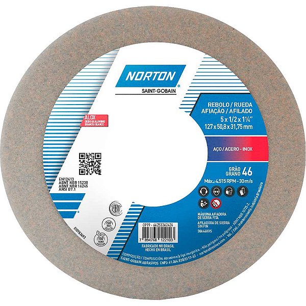 Rebolo copo reto 127mm x 50,8mm x 31,8mm 38A grão 46 NORTON