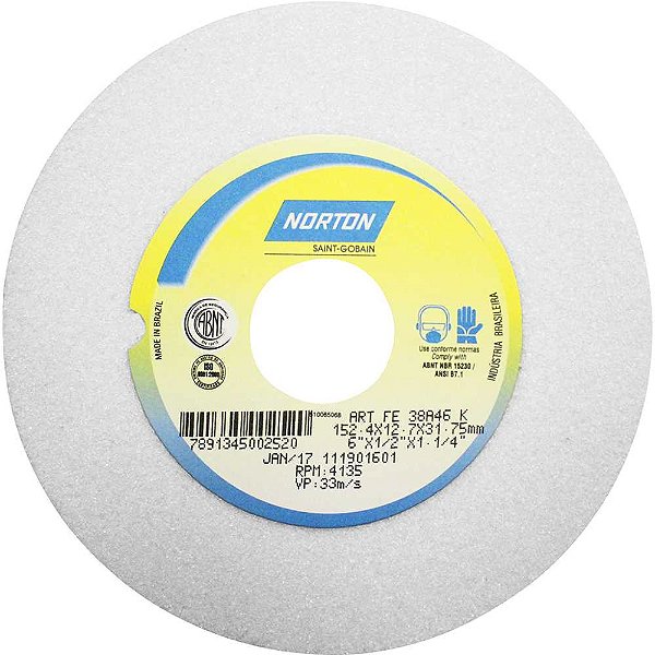 Rebolo reto 6" x 1/2" 38A grão 46 branco NORTON