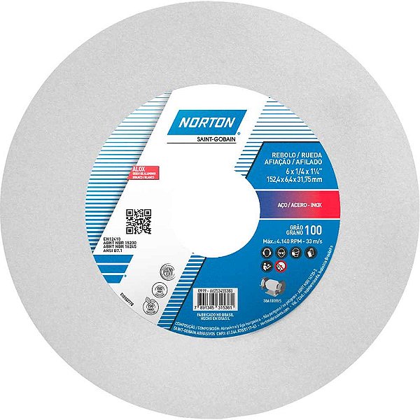 Rebolo reto 6" x 1/4" 38A grão 100 branco NORTON