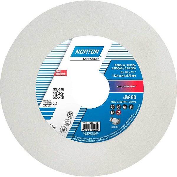 Rebolo reto 6" x 1/4" 38A grão 80 branco NORTON