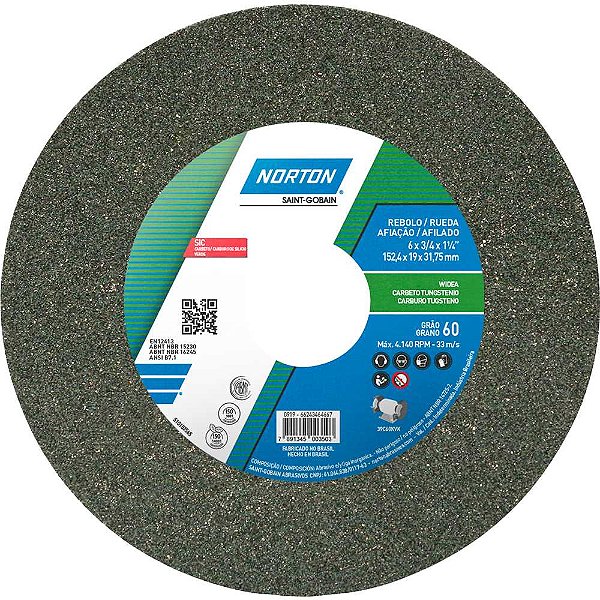Rebolo reto 6" x 3/4" 39C grão 60 verde NORTON