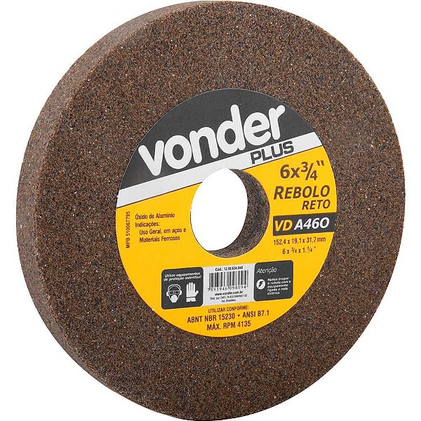Rebolo reto 6" x 3/4" grão 46 marrom VONDER PLUS