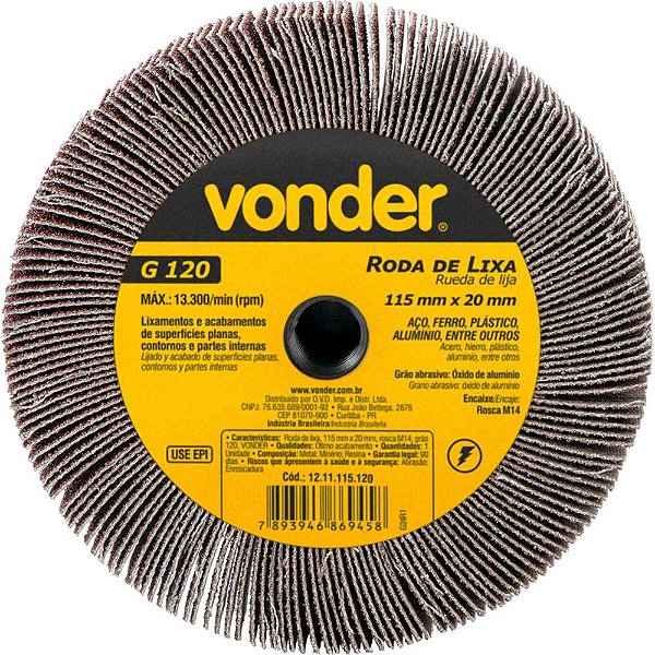 Roda de lixa 115mm x 20mm rosca M14 grão 120 VONDER