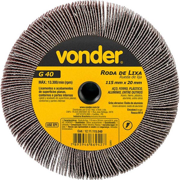 Roda de lixa 115mm x 20mm rosca M14 grão 40 VONDER