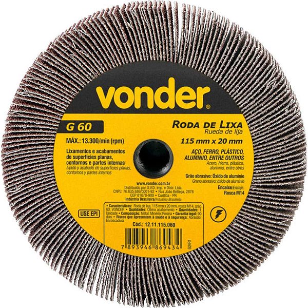 Roda de lixa 115mm x 20mm rosca M14 grão 60 VONDER